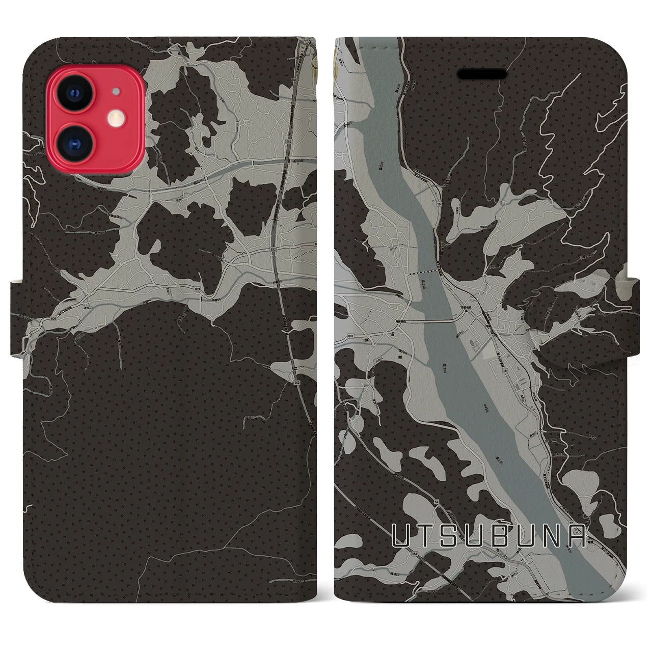 【内船(山梨県)】地図柄iPhoneケース(手帳タイプ)モノトーン・iPhone 11 用