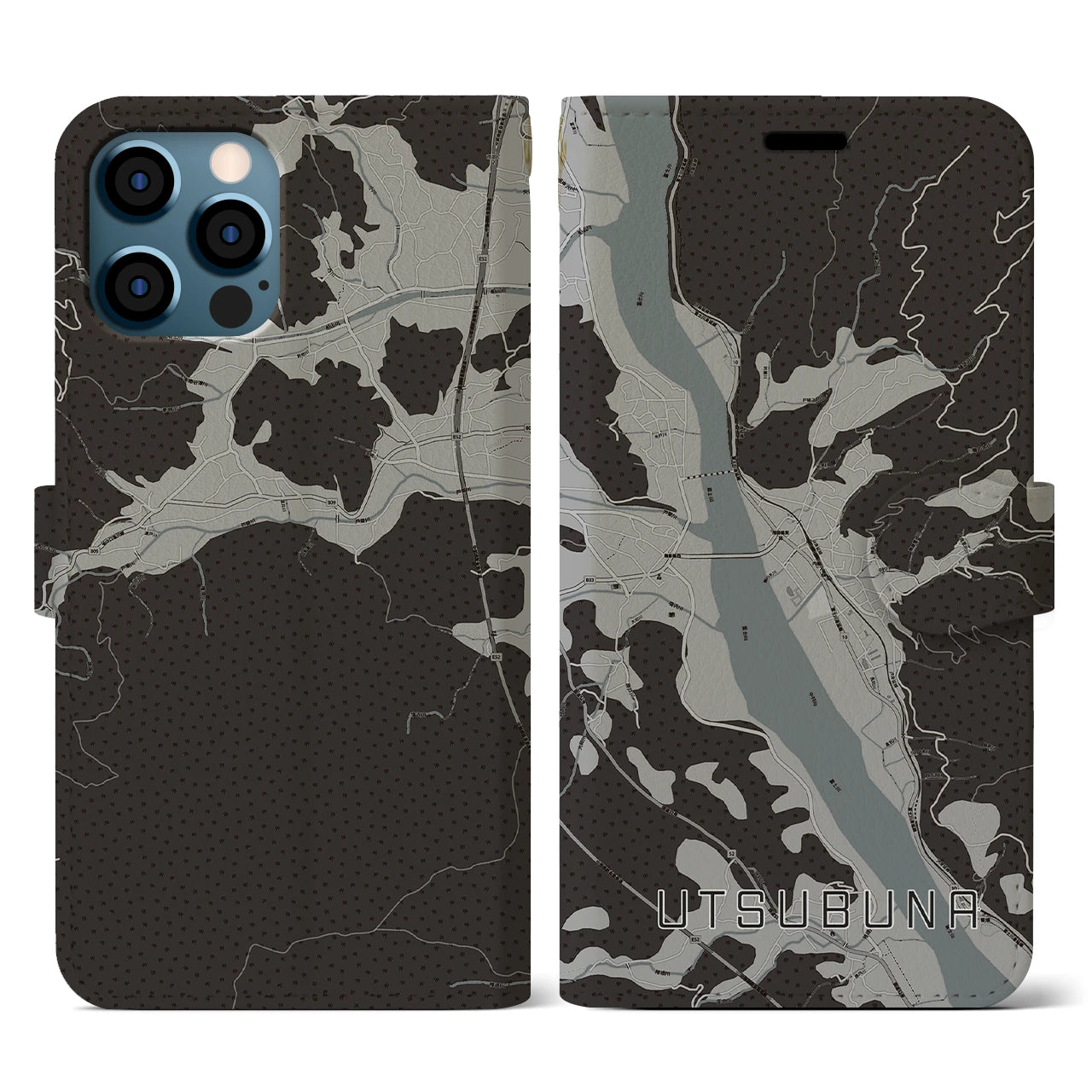 【内船(山梨県)】地図柄iPhoneケース(手帳タイプ)モノトーン・iPhone 12 / 12 Pro 用