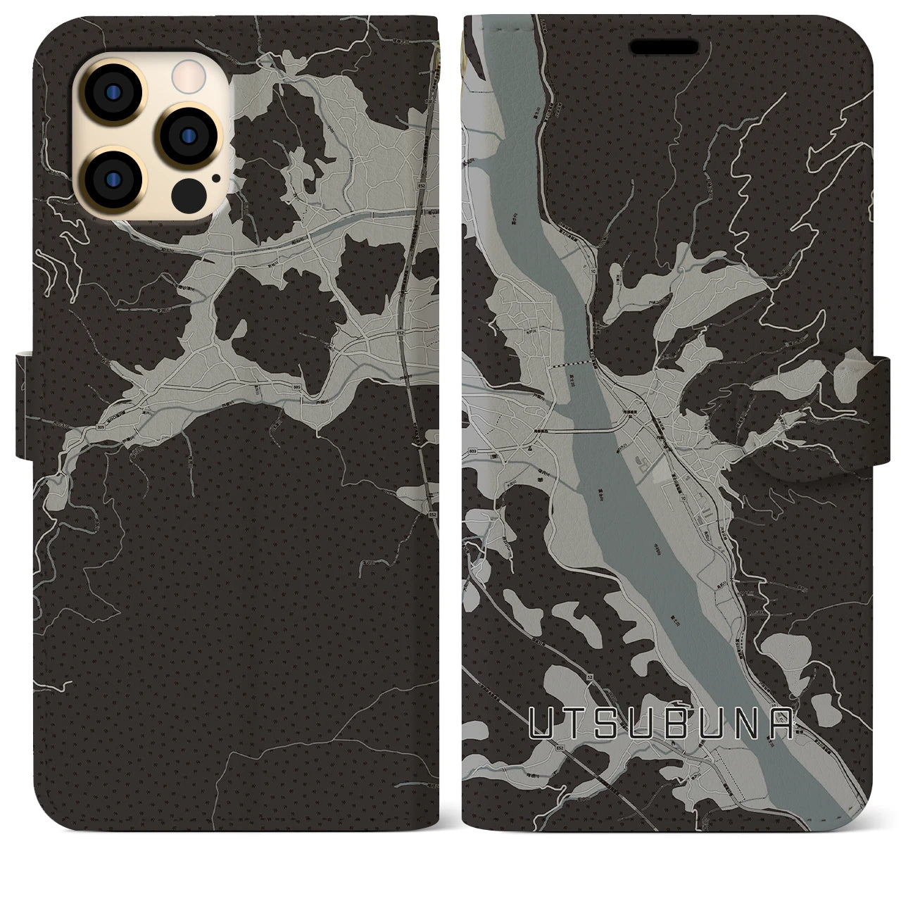 【内船(山梨県)】地図柄iPhoneケース(手帳タイプ)モノトーン・iPhone 12 Pro Max 用