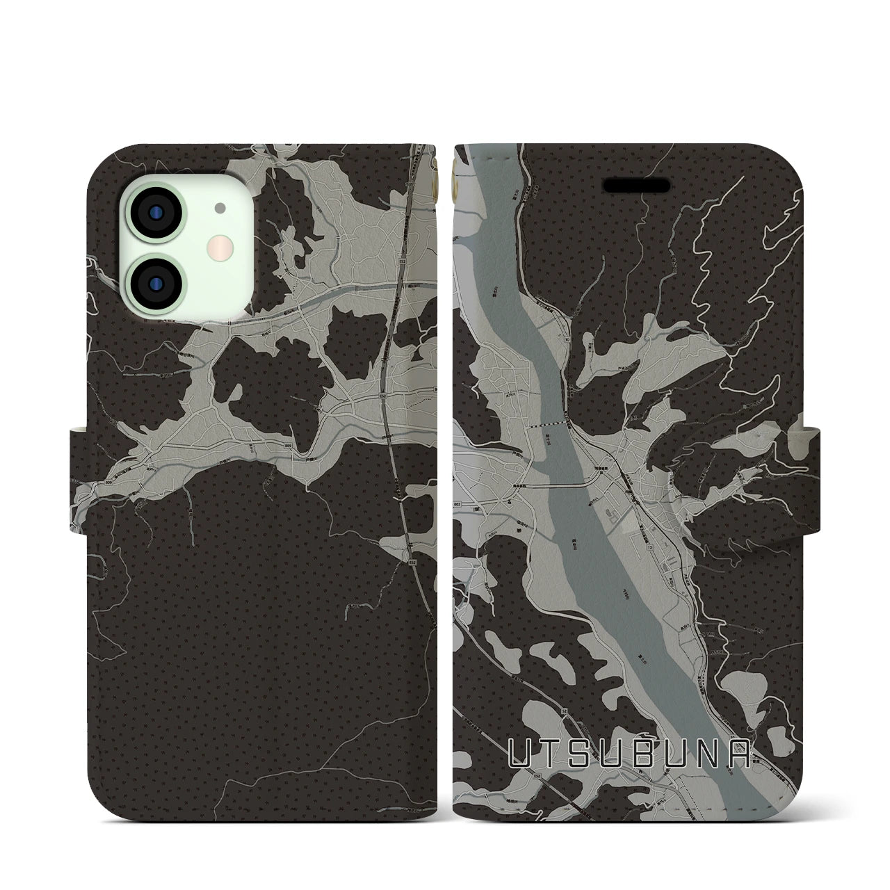 【内船(山梨県)】地図柄iPhoneケース(手帳タイプ)モノトーン・iPhone 12 mini 用