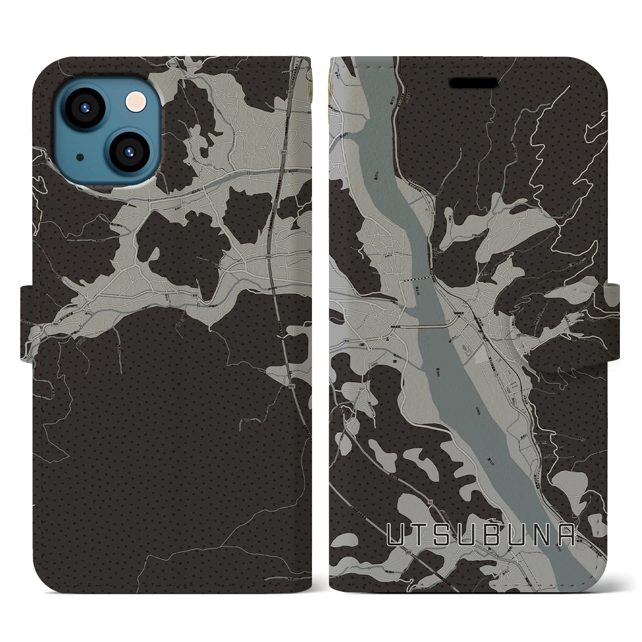 【内船(山梨県)】地図柄iPhoneケース(手帳タイプ)モノトーン・iPhone 13 用