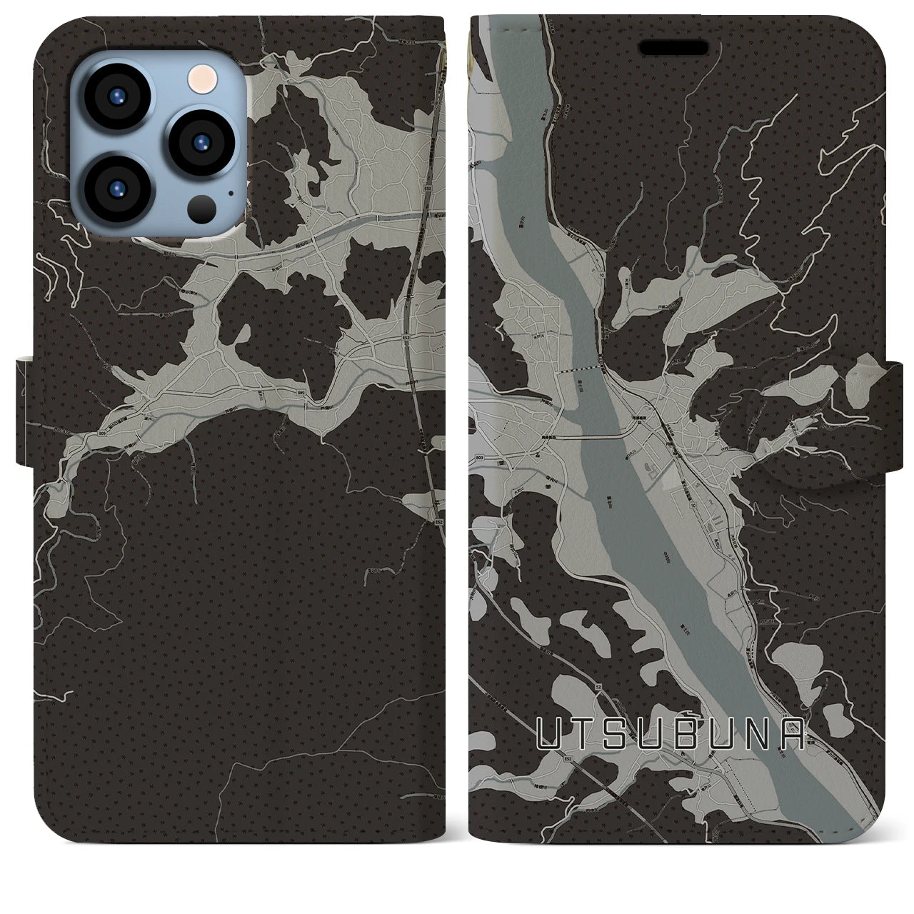 【内船(山梨県)】地図柄iPhoneケース(手帳タイプ)モノトーン・iPhone 13 Pro Max 用