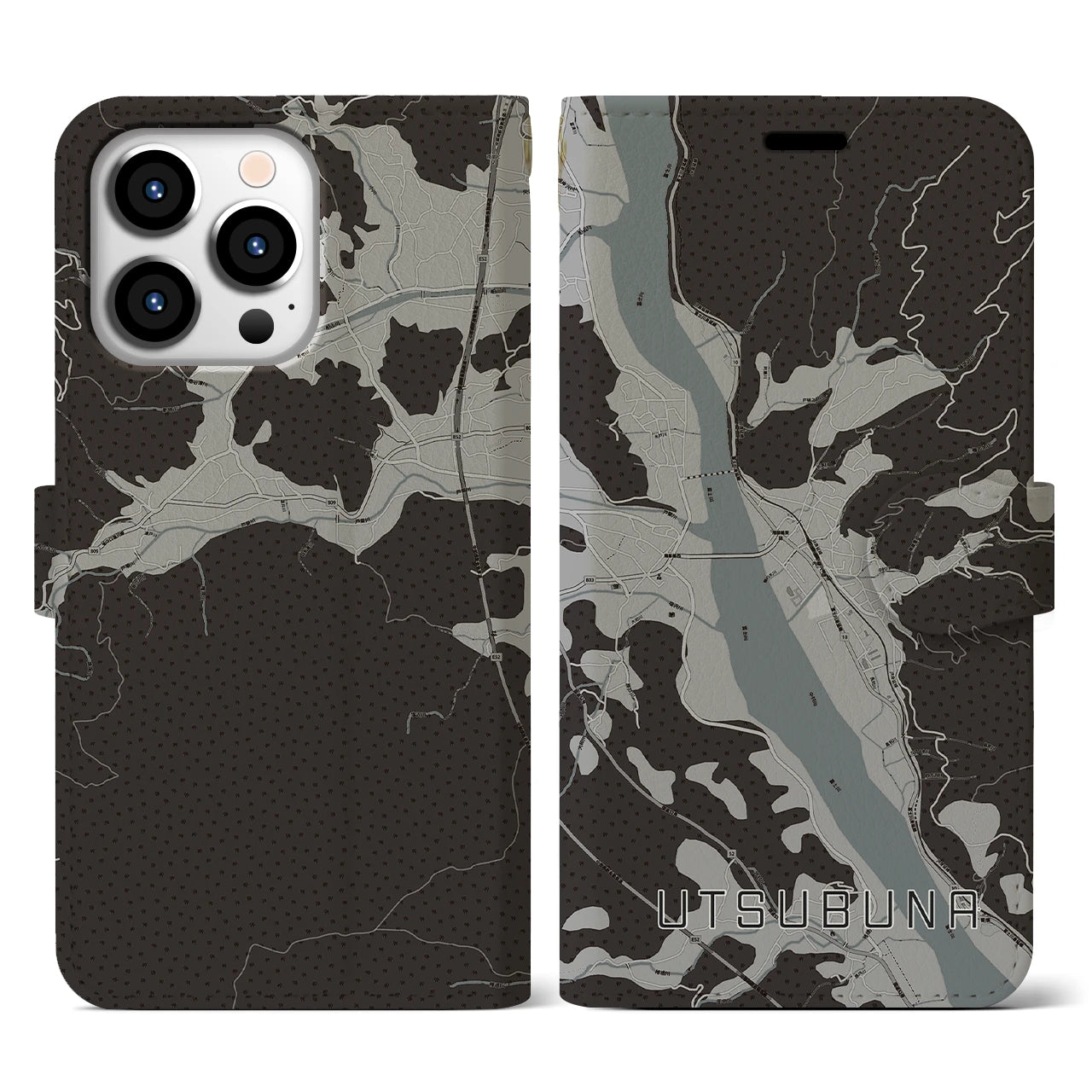 【内船(山梨県)】地図柄iPhoneケース(手帳タイプ)モノトーン・iPhone 13 Pro 用