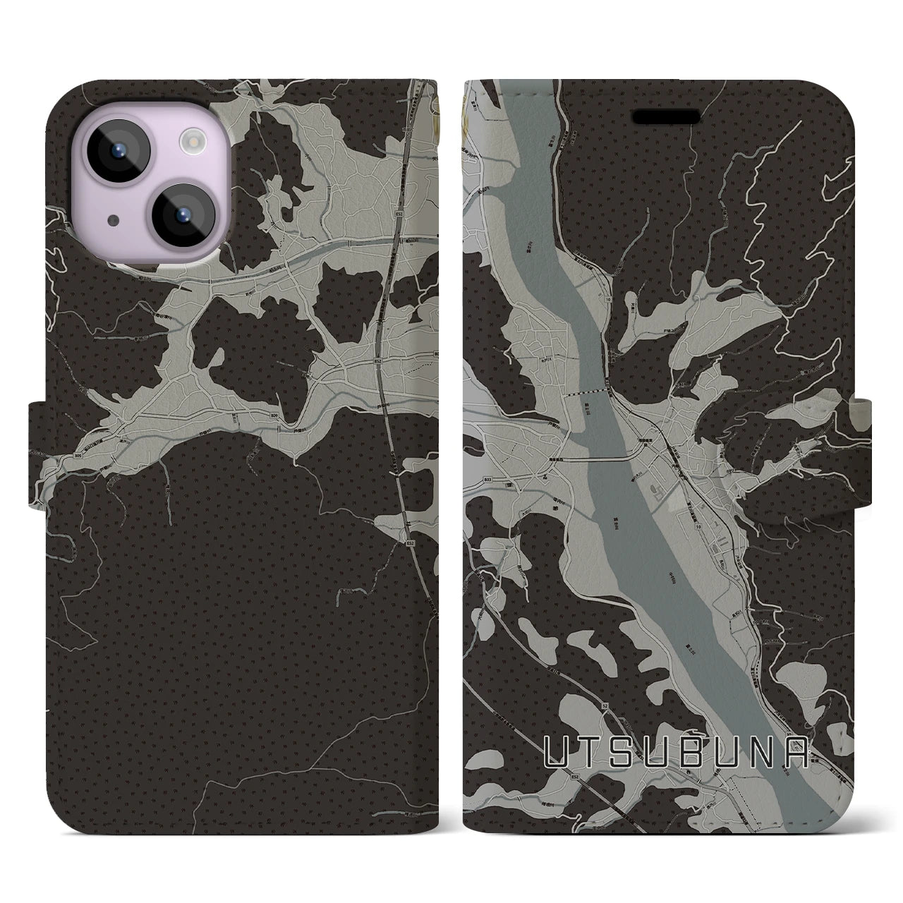 【内船(山梨県)】地図柄iPhoneケース(手帳タイプ)モノトーン・iPhone 14 用