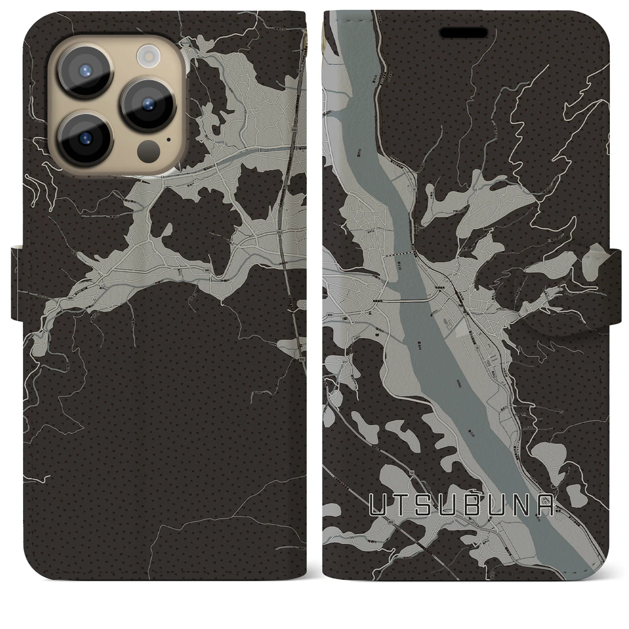 【内船(山梨県)】地図柄iPhoneケース(手帳タイプ)モノトーン・iPhone 14 Pro Max 用