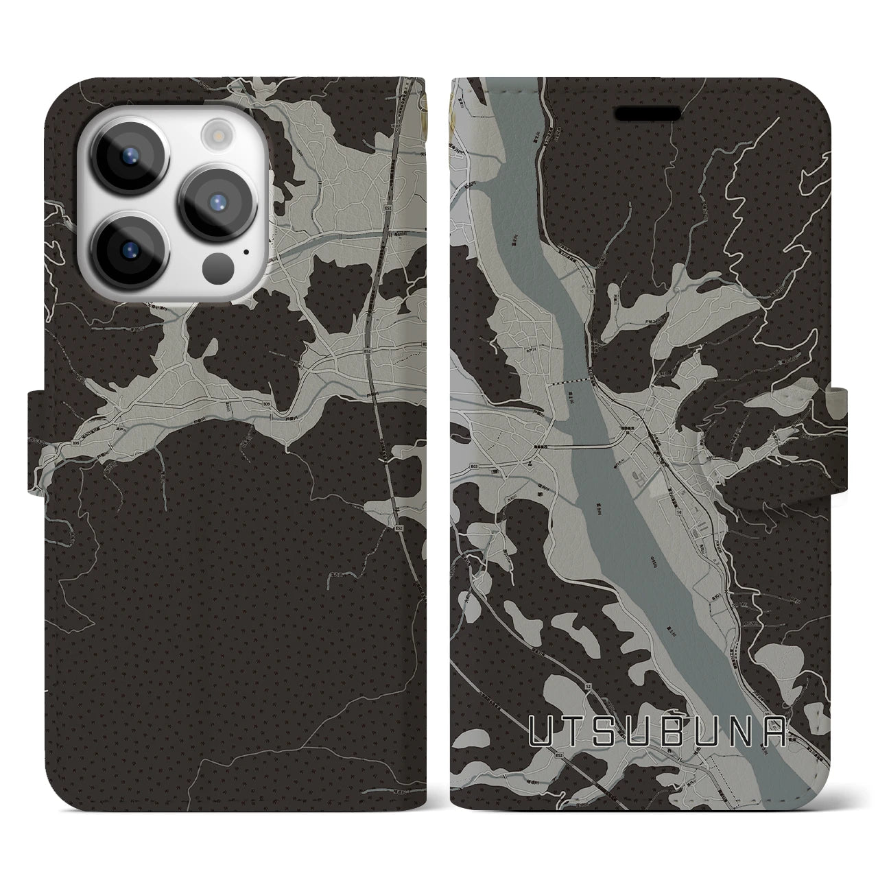 【内船(山梨県)】地図柄iPhoneケース(手帳タイプ)モノトーン・iPhone 14 Pro 用