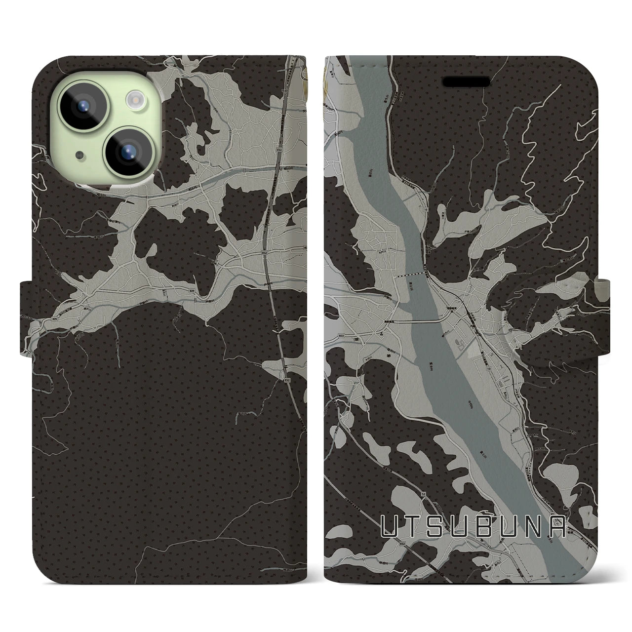 【内船(山梨県)】地図柄iPhoneケース(手帳タイプ)モノトーン・iPhone 15 用