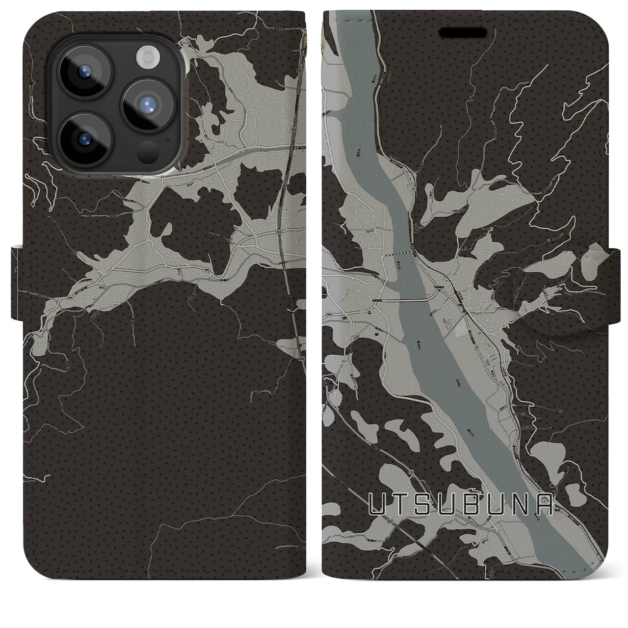 【内船(山梨県)】地図柄iPhoneケース(手帳タイプ)モノトーン・iPhone 15 Pro Max 用