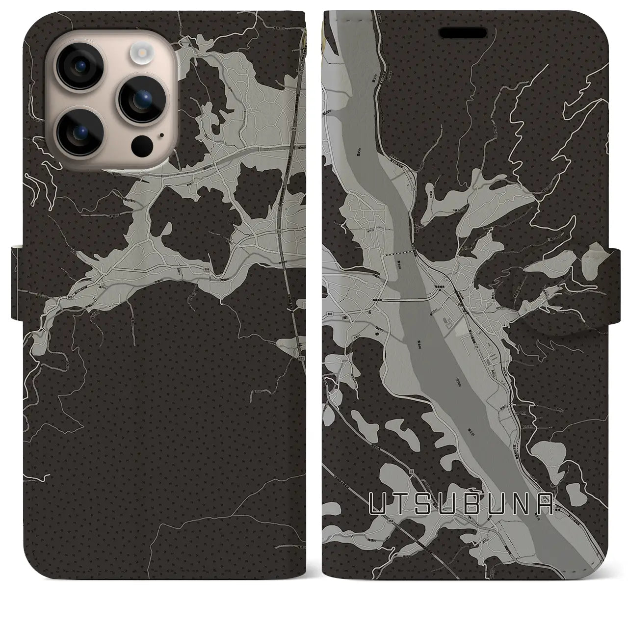 【内船(山梨県)】地図柄iPhoneケース(手帳タイプ)モノトーン・iPhone 16 Plus 用