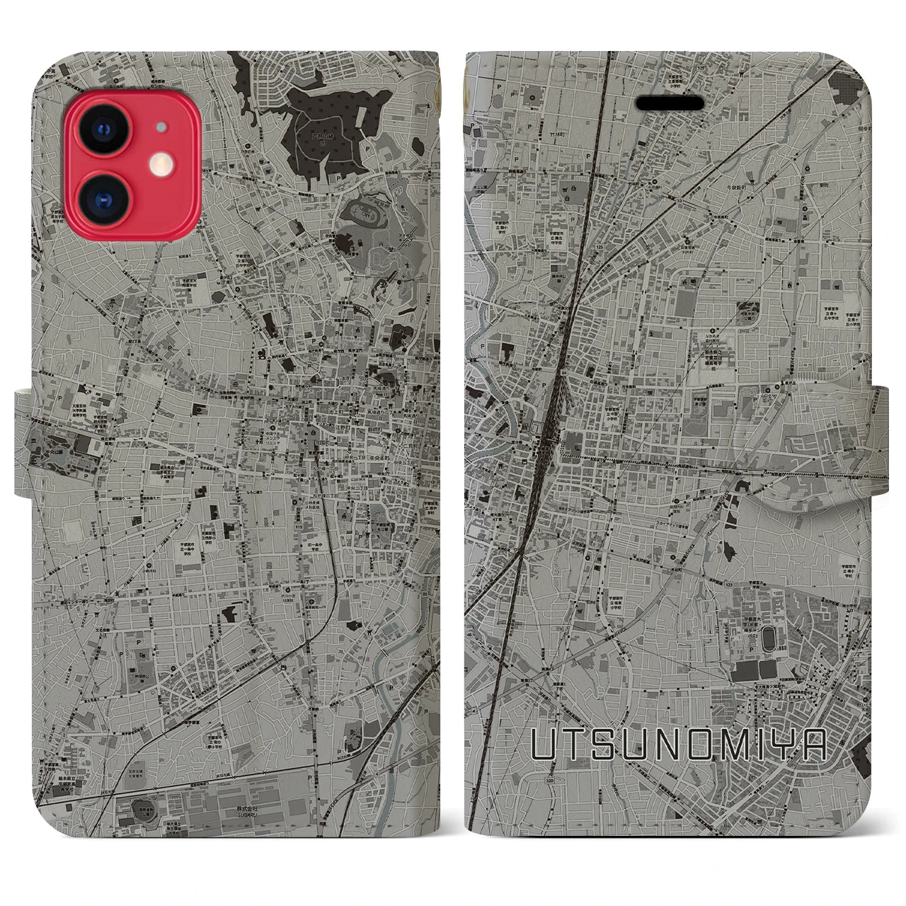【宇都宮(栃木県)】地図柄iPhoneケース(手帳タイプ)モノトーン・iPhone 11 用