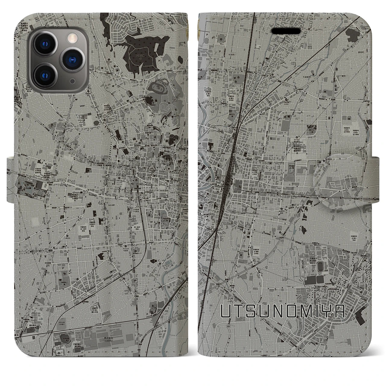 【宇都宮(栃木県)】地図柄iPhoneケース(手帳タイプ)モノトーン・iPhone 11 Pro Max 用