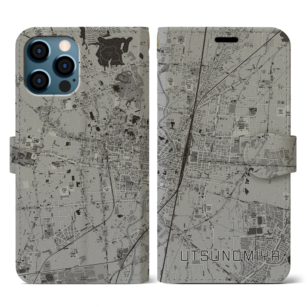 【宇都宮(栃木県)】地図柄iPhoneケース(手帳タイプ)モノトーン・iPhone 12 / 12 Pro 用