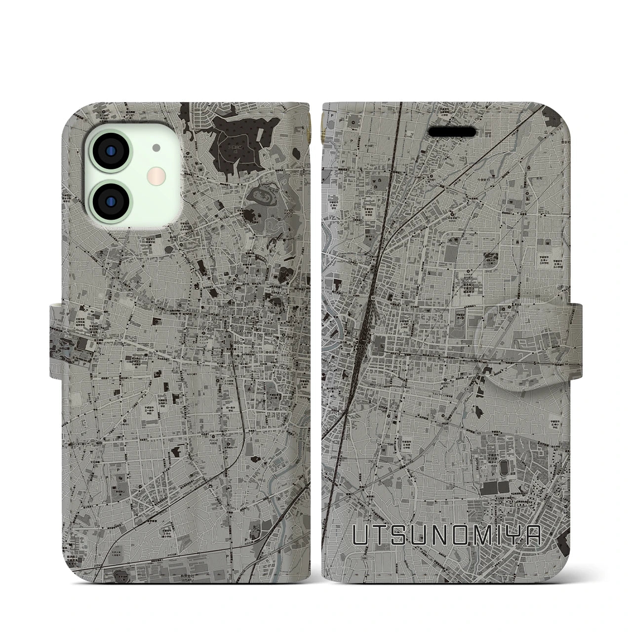 【宇都宮(栃木県)】地図柄iPhoneケース(手帳タイプ)モノトーン・iPhone 12 mini 用