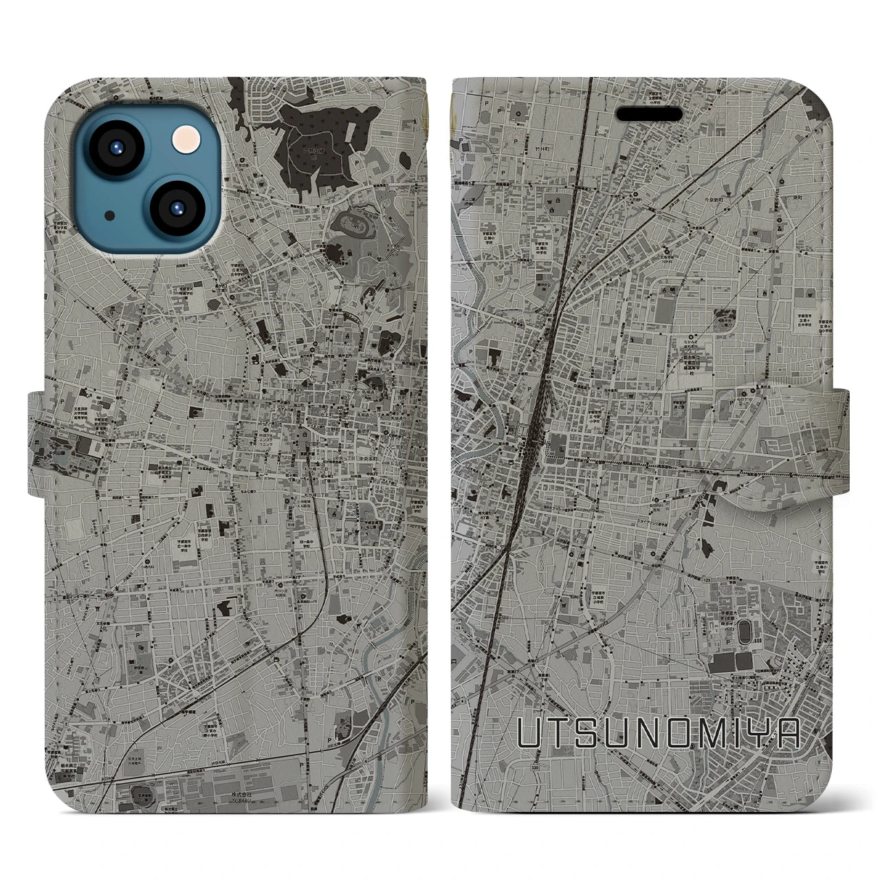 【宇都宮(栃木県)】地図柄iPhoneケース(手帳タイプ)モノトーン・iPhone 13 用