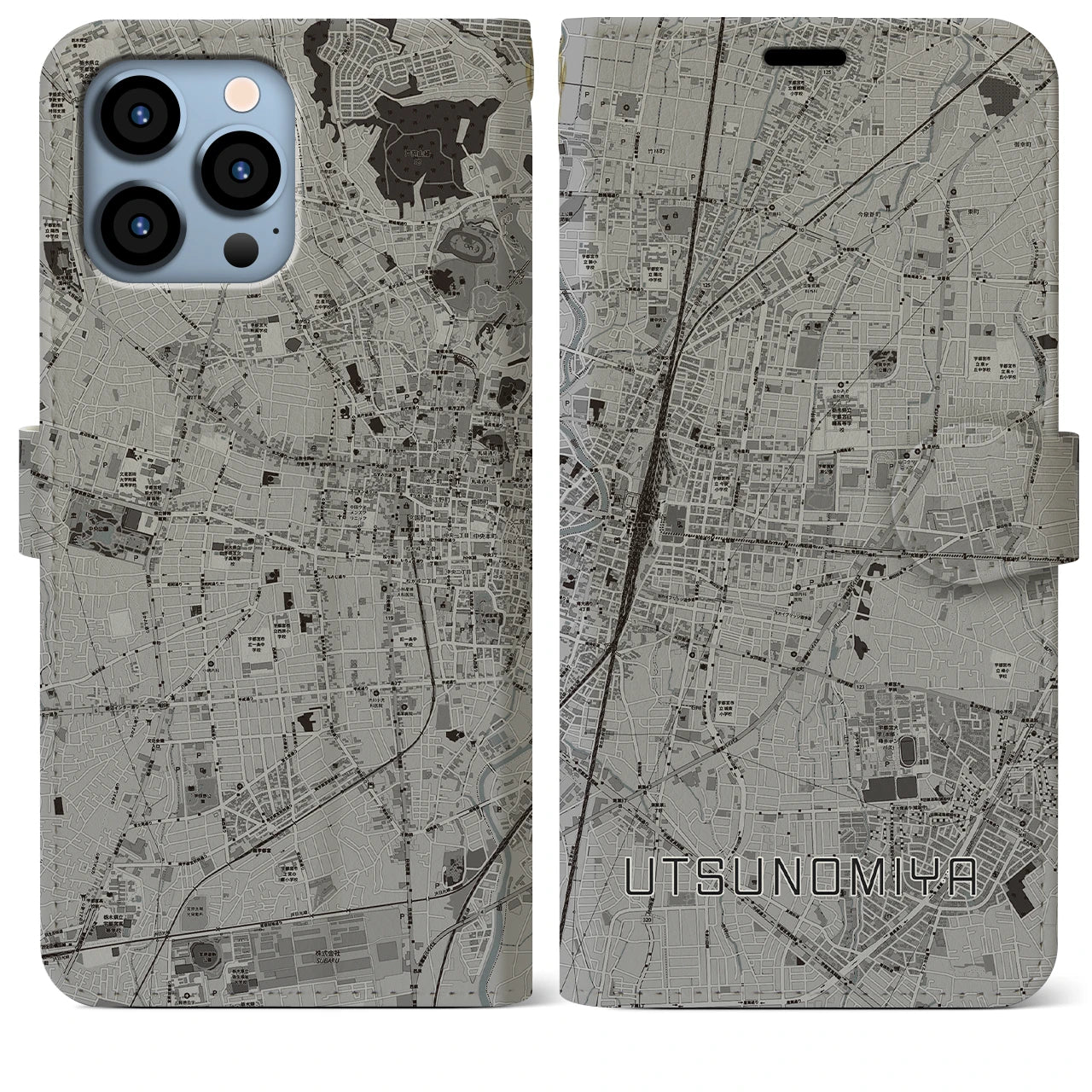 【宇都宮(栃木県)】地図柄iPhoneケース(手帳タイプ)モノトーン・iPhone 13 Pro Max 用