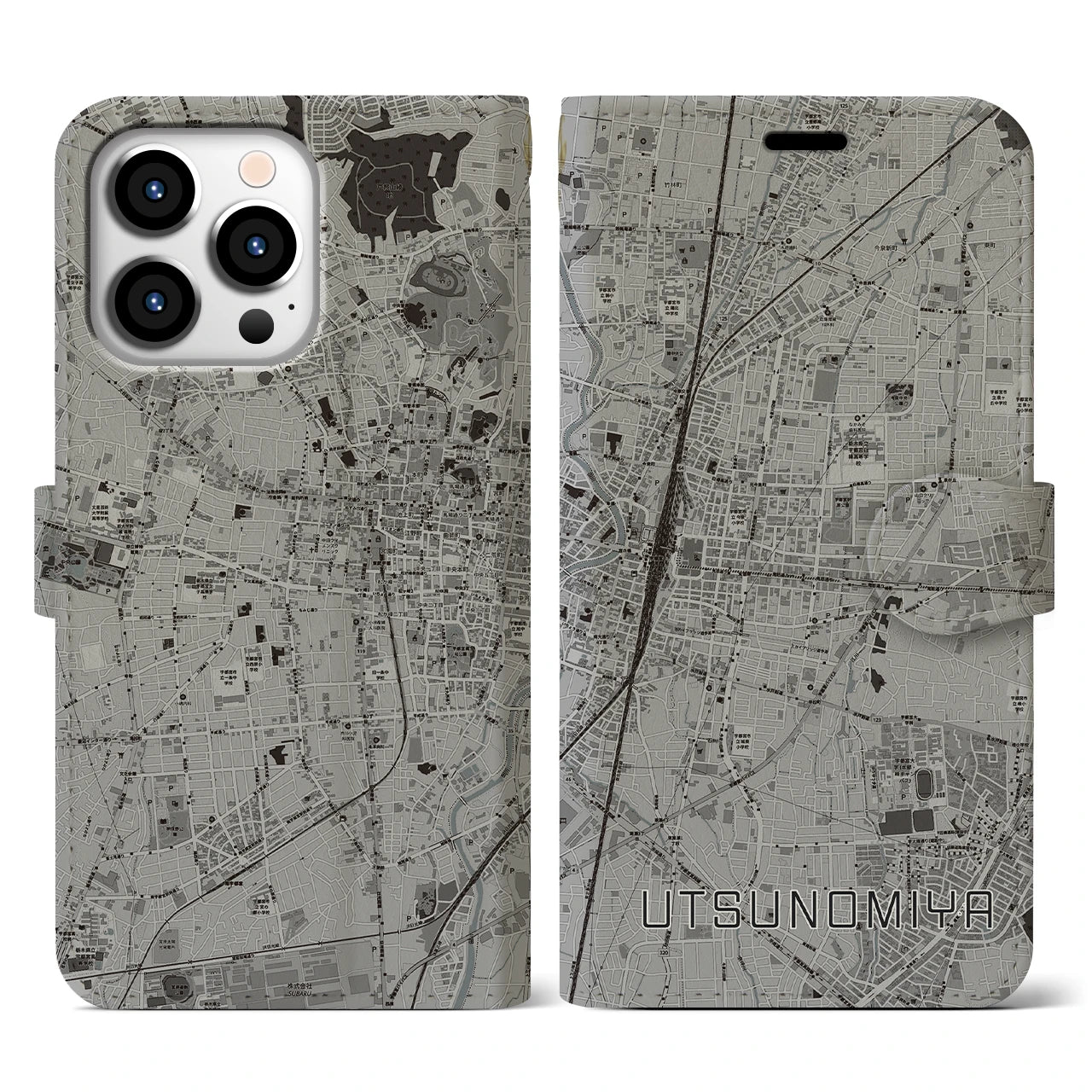 【宇都宮(栃木県)】地図柄iPhoneケース(手帳タイプ)モノトーン・iPhone 13 Pro 用