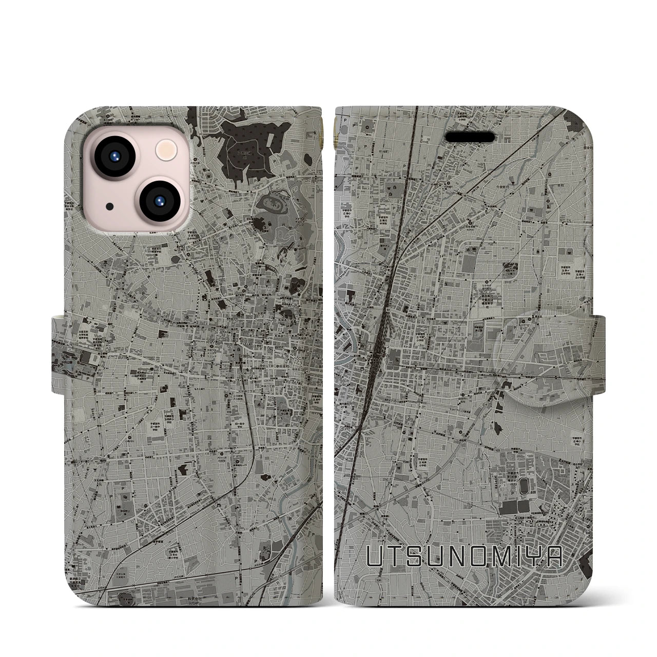 【宇都宮(栃木県)】地図柄iPhoneケース(手帳タイプ)モノトーン・iPhone 13 mini 用