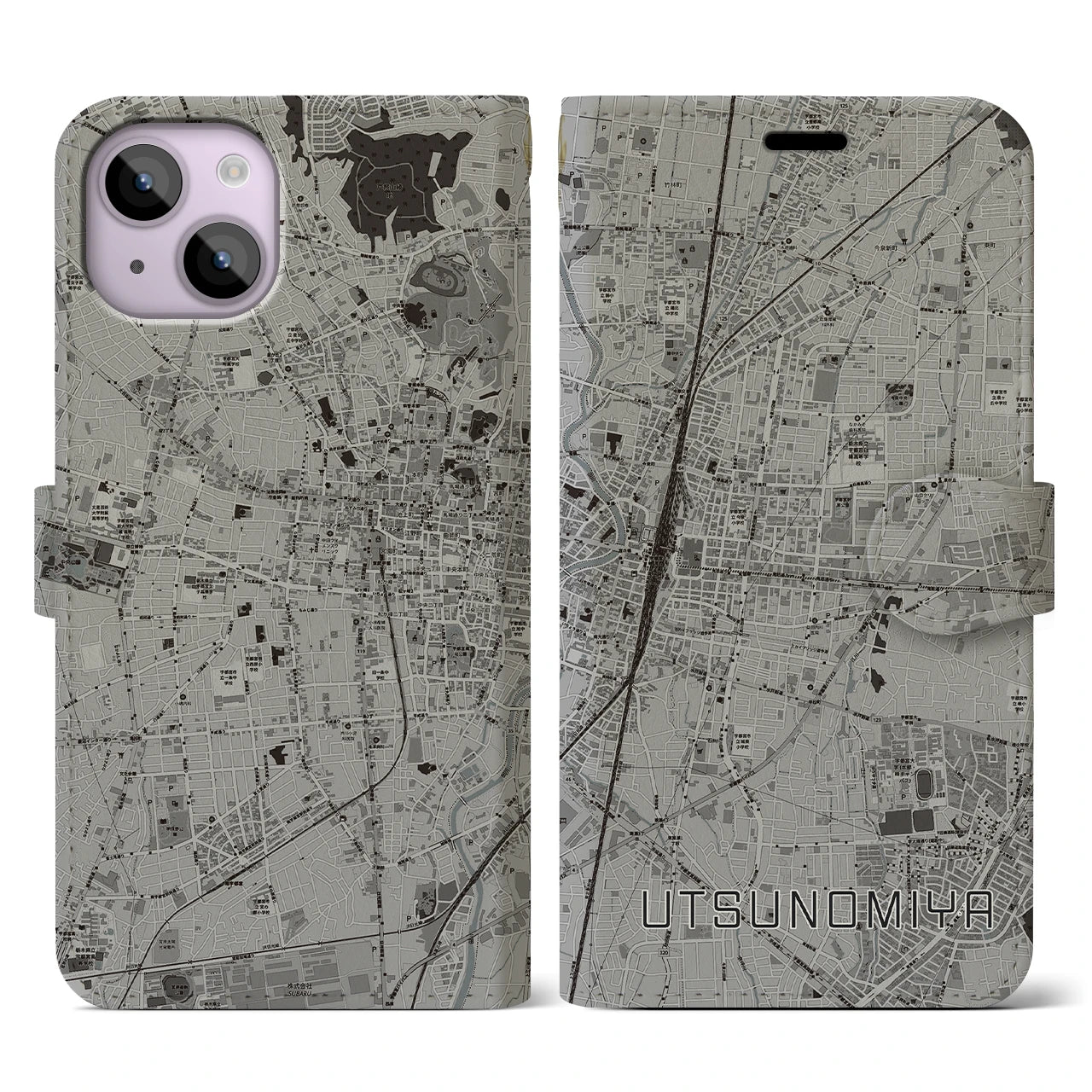 【宇都宮(栃木県)】地図柄iPhoneケース(手帳タイプ)モノトーン・iPhone 14 用