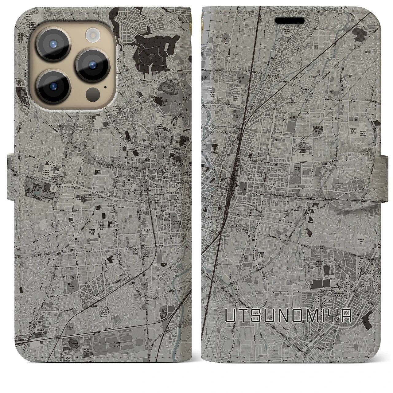 【宇都宮(栃木県)】地図柄iPhoneケース(手帳タイプ)モノトーン・iPhone 14 Pro Max 用