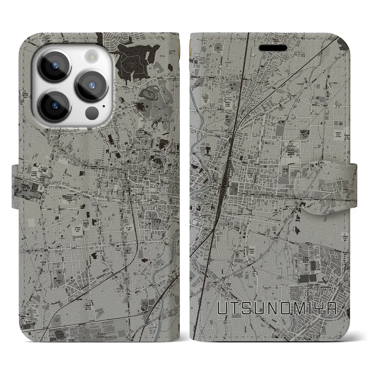 【宇都宮(栃木県)】地図柄iPhoneケース(手帳タイプ)モノトーン・iPhone 14 Pro 用