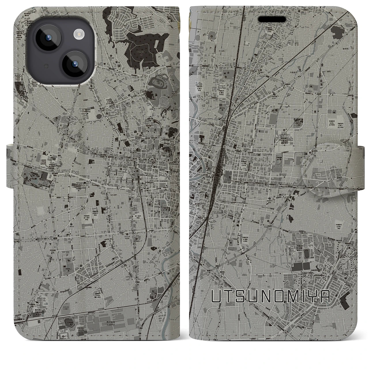 【宇都宮(栃木県)】地図柄iPhoneケース(手帳タイプ)モノトーン・iPhone 14 Plus 用