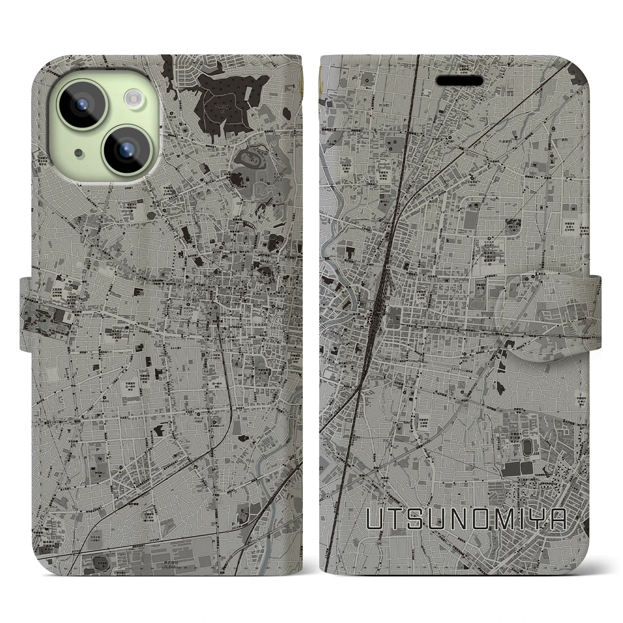 【宇都宮(栃木県)】地図柄iPhoneケース(手帳タイプ)モノトーン・iPhone 15 用