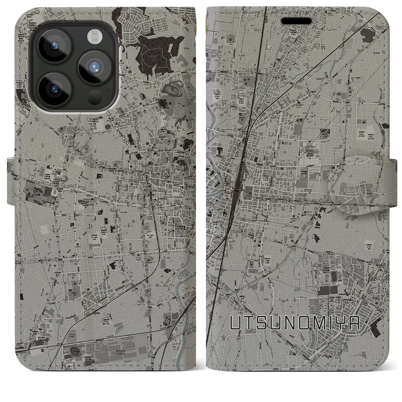 【宇都宮(栃木県)】地図柄iPhoneケース(手帳タイプ)モノトーン・iPhone 15 Pro Max 用