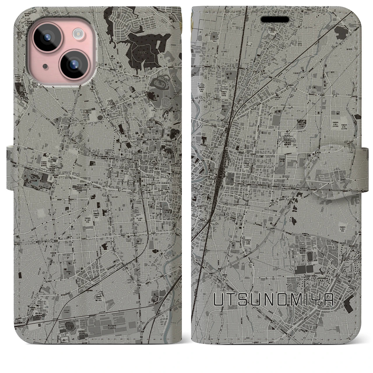 【宇都宮(栃木県)】地図柄iPhoneケース(手帳タイプ)モノトーン・iPhone 15 Plus 用