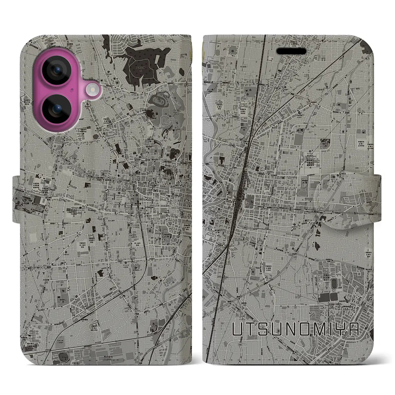 【宇都宮(栃木県)】地図柄iPhoneケース(手帳タイプ)モノトーン・iPhone 16 Pro 用