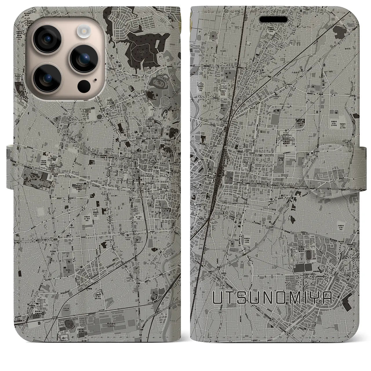 【宇都宮(栃木県)】地図柄iPhoneケース(手帳タイプ)モノトーン・iPhone 16 Plus 用