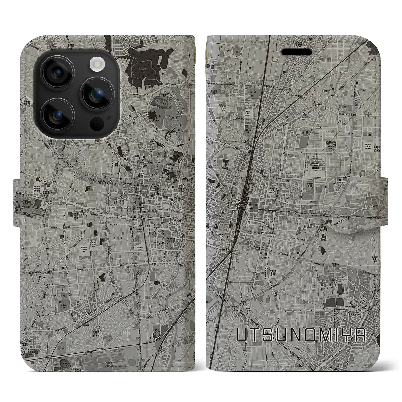 【宇都宮(栃木県)】地図柄iPhoneケース(手帳タイプ)モノトーン・iPhone 16 用