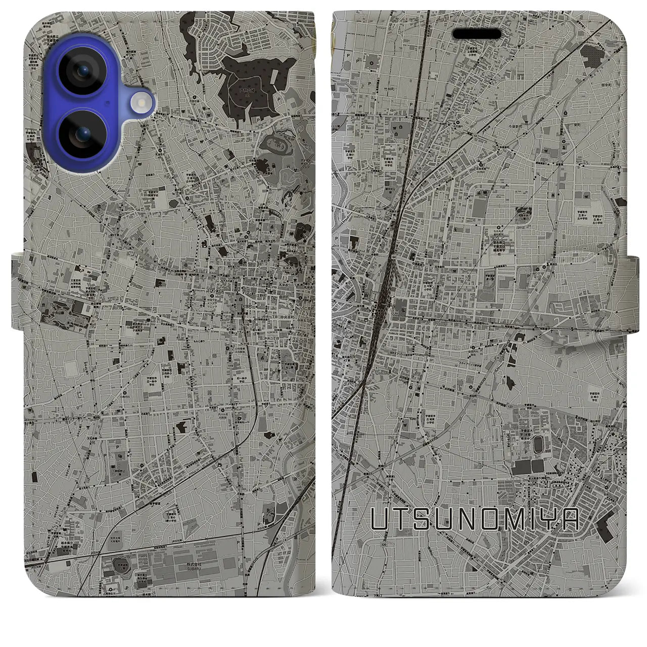 【宇都宮(栃木県)】地図柄iPhoneケース(手帳タイプ)モノトーン・iPhone 16 Pro Max 用
