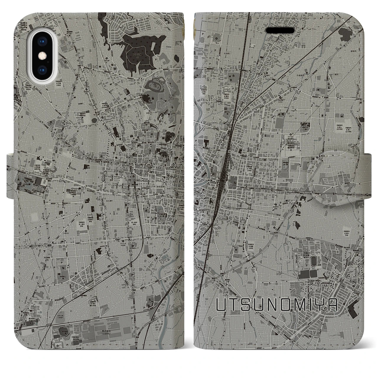 【宇都宮(栃木県)】地図柄iPhoneケース(手帳タイプ)モノトーン・iPhone XS Max 用