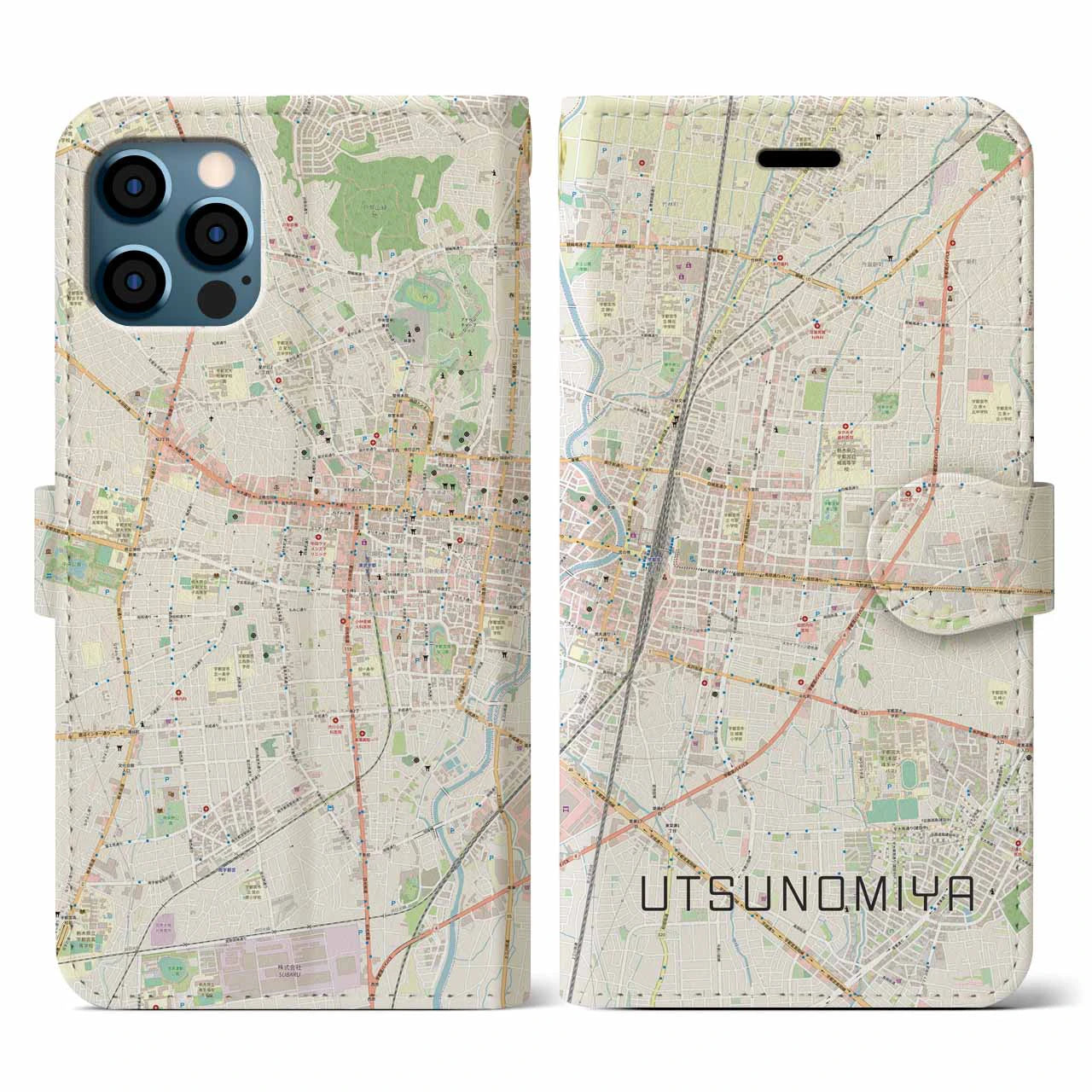 【宇都宮(栃木県)】地図柄iPhoneケース(手帳タイプ)ナチュラル・iPhone 12 / 12 Pro 用