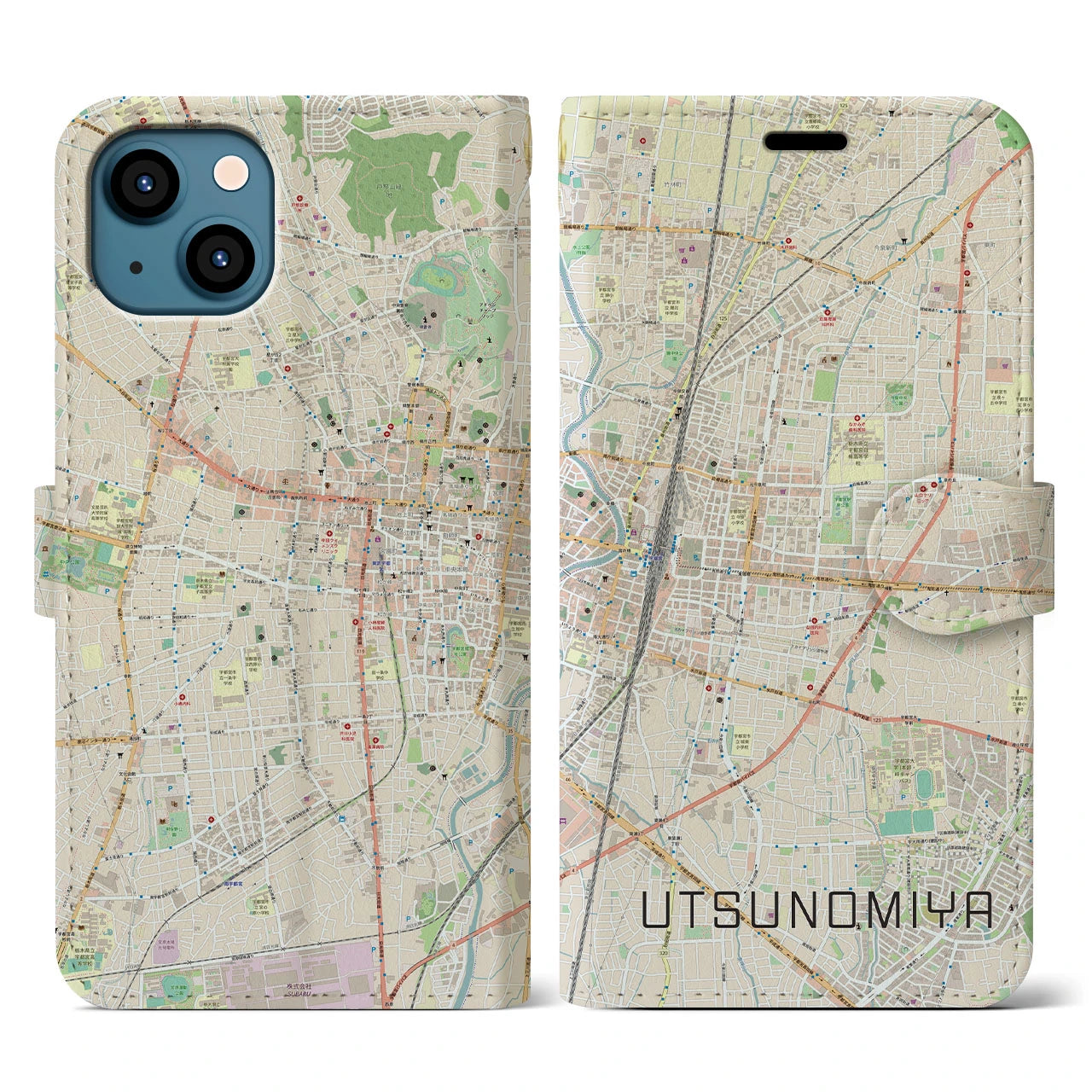 【宇都宮(栃木県)】地図柄iPhoneケース(手帳タイプ)ナチュラル・iPhone 13 用