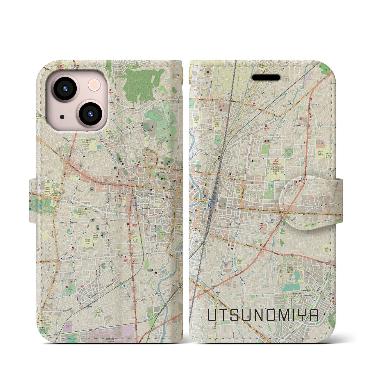 【宇都宮(栃木県)】地図柄iPhoneケース(手帳タイプ)ナチュラル・iPhone 13 mini 用