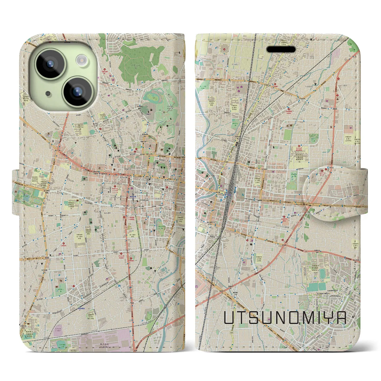 【宇都宮(栃木県)】地図柄iPhoneケース(手帳タイプ)ナチュラル・iPhone 15 用
