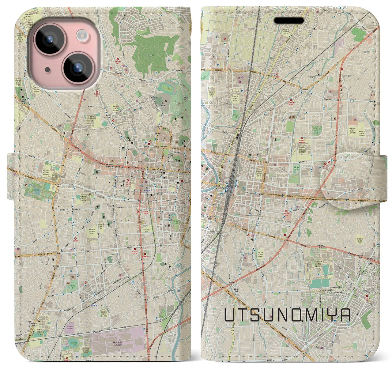 【宇都宮(栃木県)】地図柄iPhoneケース(手帳タイプ)ナチュラル・iPhone 15 Plus 用