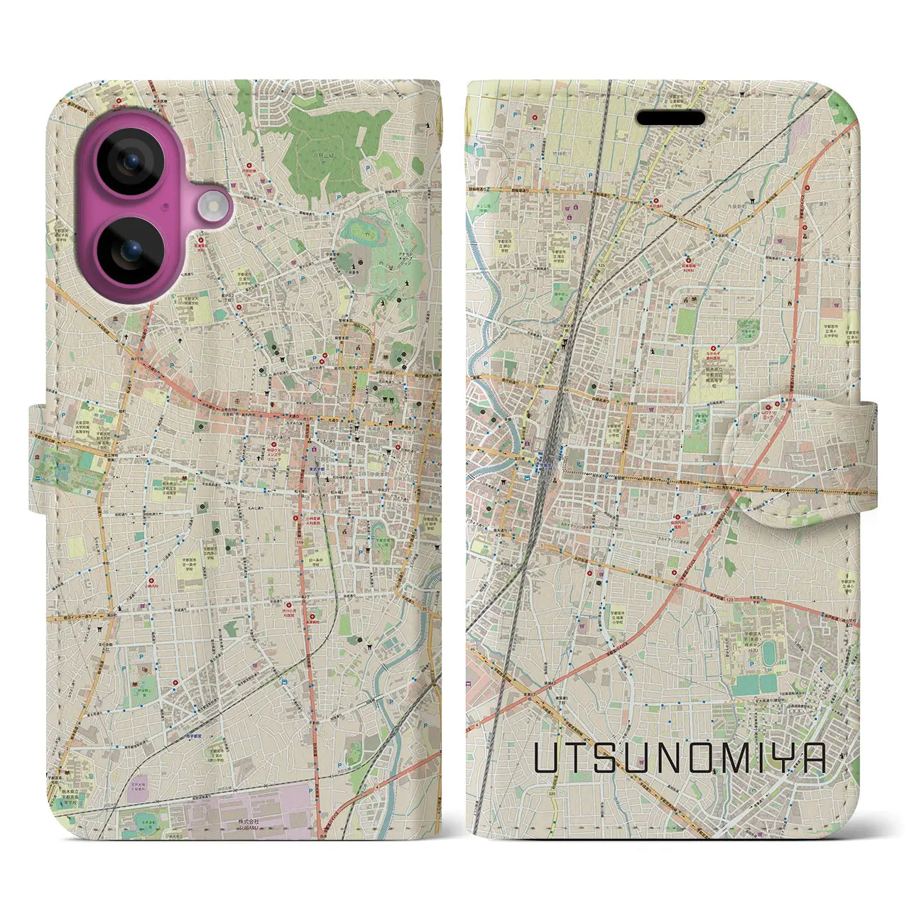 【宇都宮(栃木県)】地図柄iPhoneケース(手帳タイプ)ナチュラル・iPhone 16 Pro 用