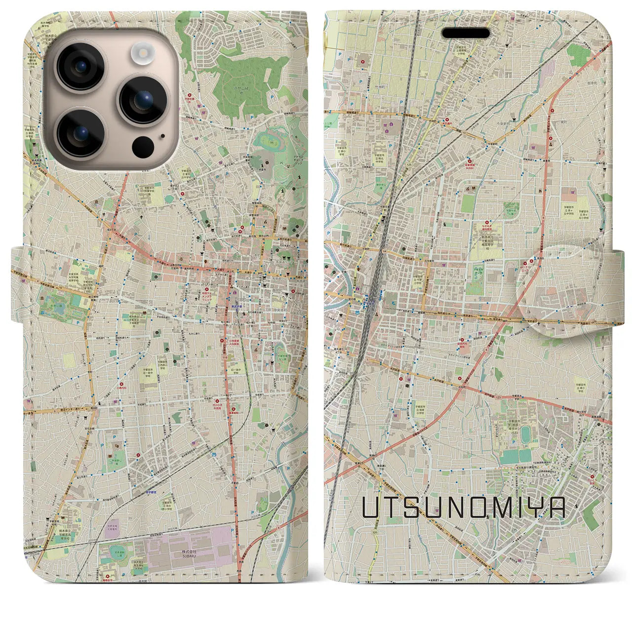【宇都宮(栃木県)】地図柄iPhoneケース(手帳タイプ)ナチュラル・iPhone 16 Plus 用