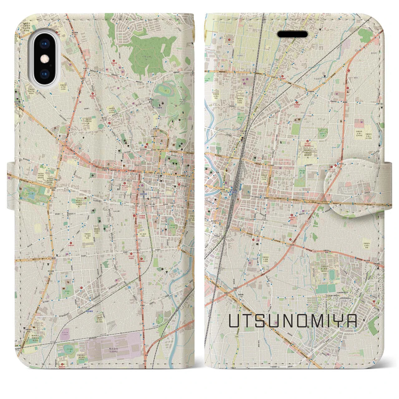 【宇都宮(栃木県)】地図柄iPhoneケース(手帳タイプ)ナチュラル・iPhone XS Max 用