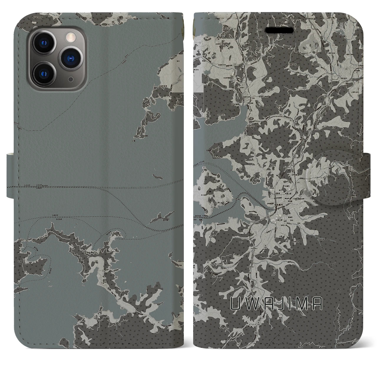 【宇和島(愛媛県)】地図柄iPhoneケース(手帳タイプ)モノトーン・iPhone 11 Pro Max 用