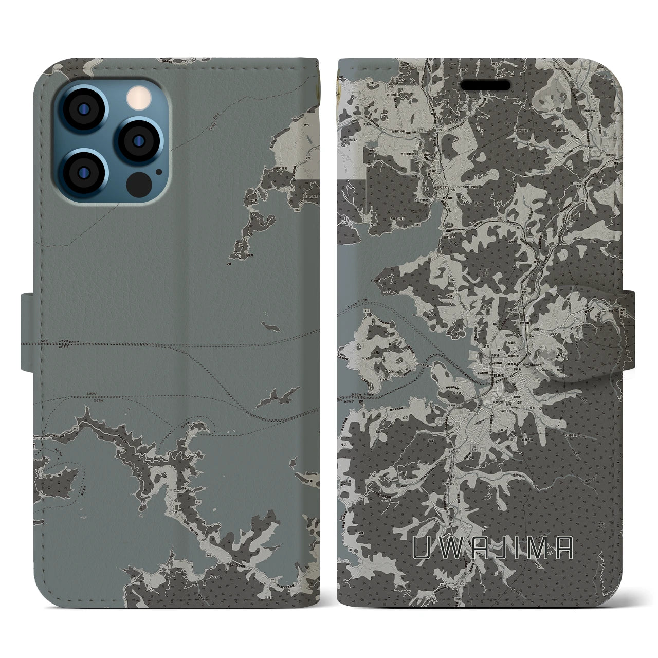 【宇和島(愛媛県)】地図柄iPhoneケース(手帳タイプ)モノトーン・iPhone 12 / 12 Pro 用