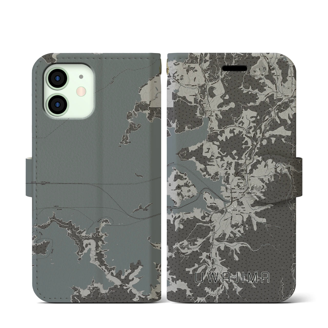 【宇和島(愛媛県)】地図柄iPhoneケース(手帳タイプ)モノトーン・iPhone 12 mini 用