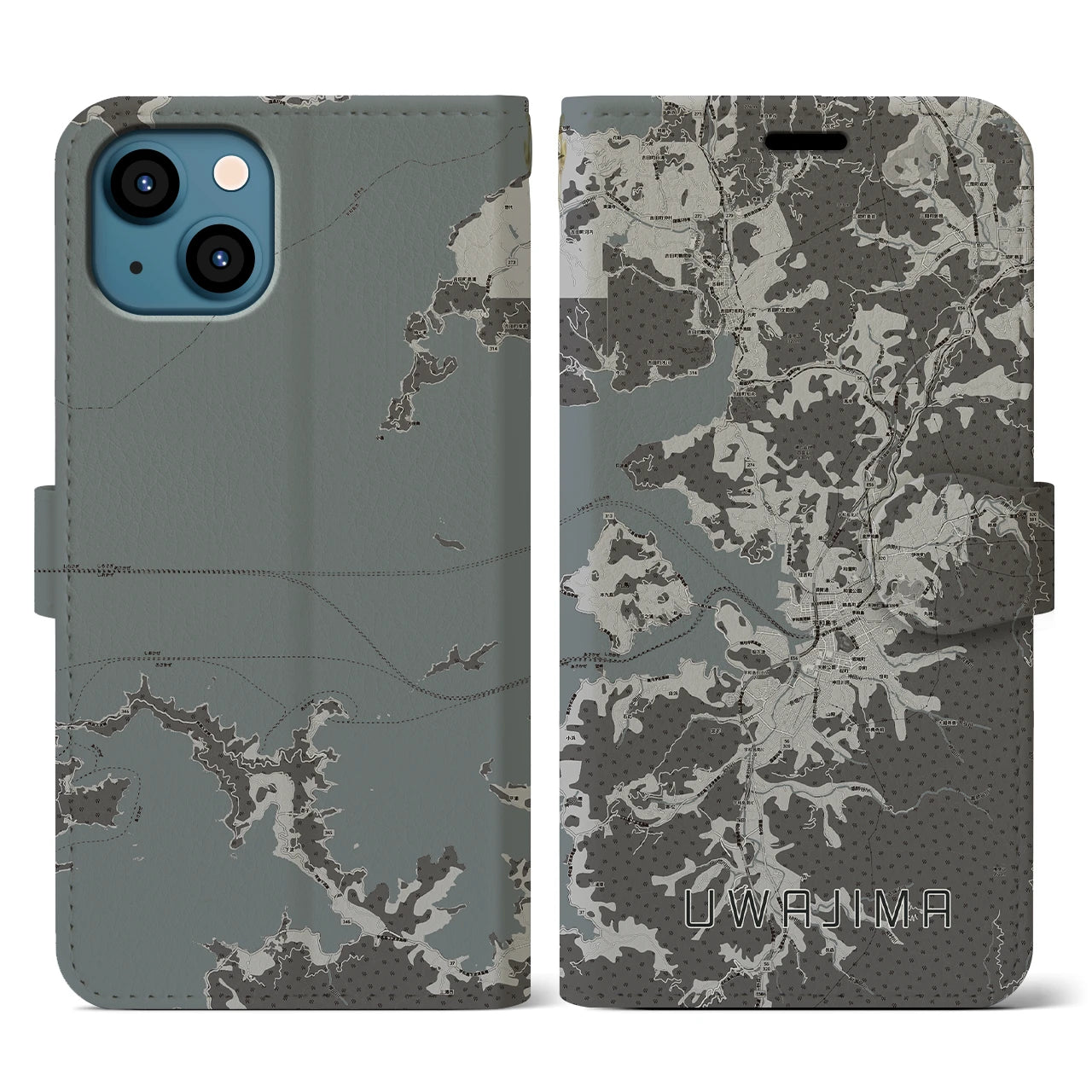 【宇和島(愛媛県)】地図柄iPhoneケース(手帳タイプ)モノトーン・iPhone 13 用