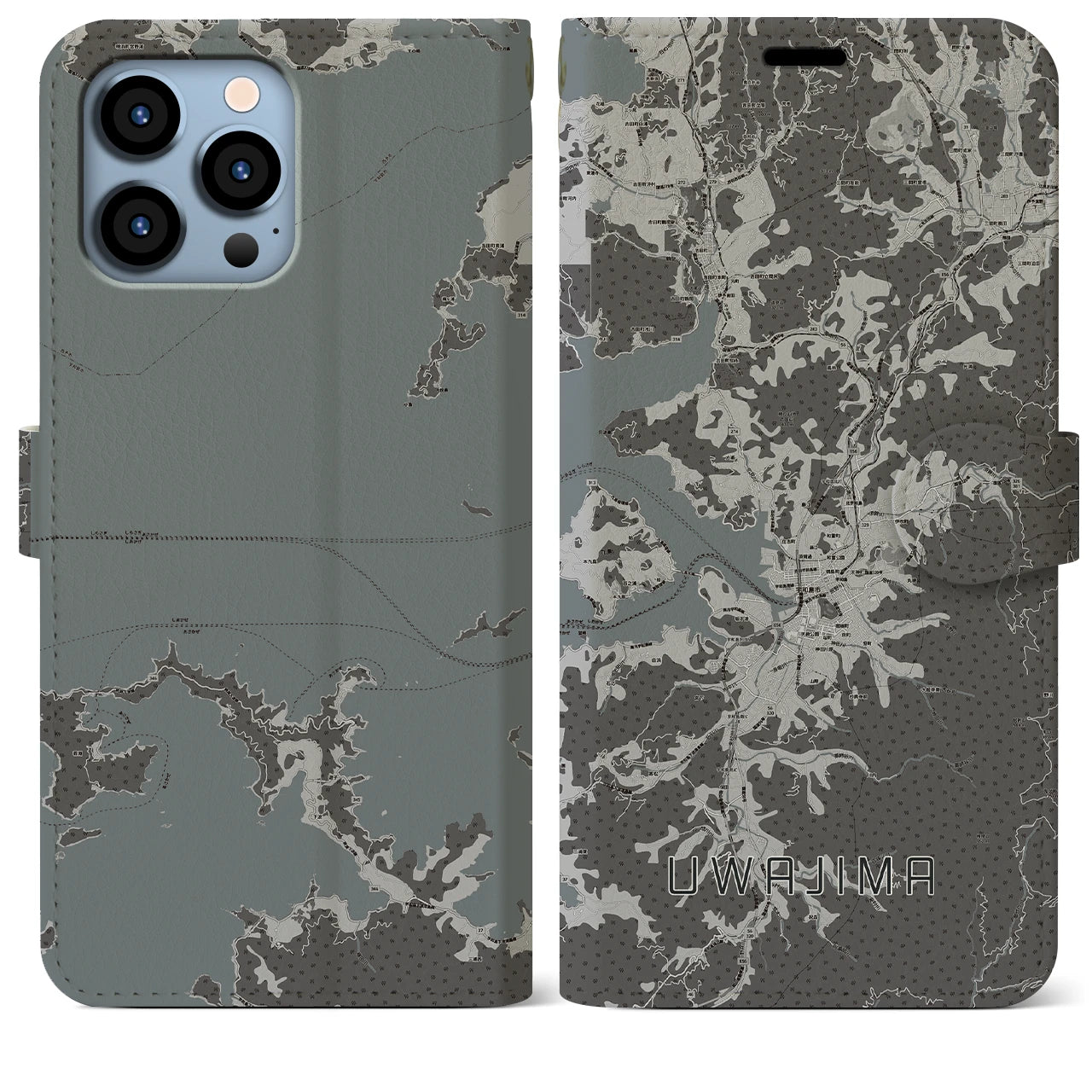 【宇和島(愛媛県)】地図柄iPhoneケース(手帳タイプ)モノトーン・iPhone 13 Pro Max 用