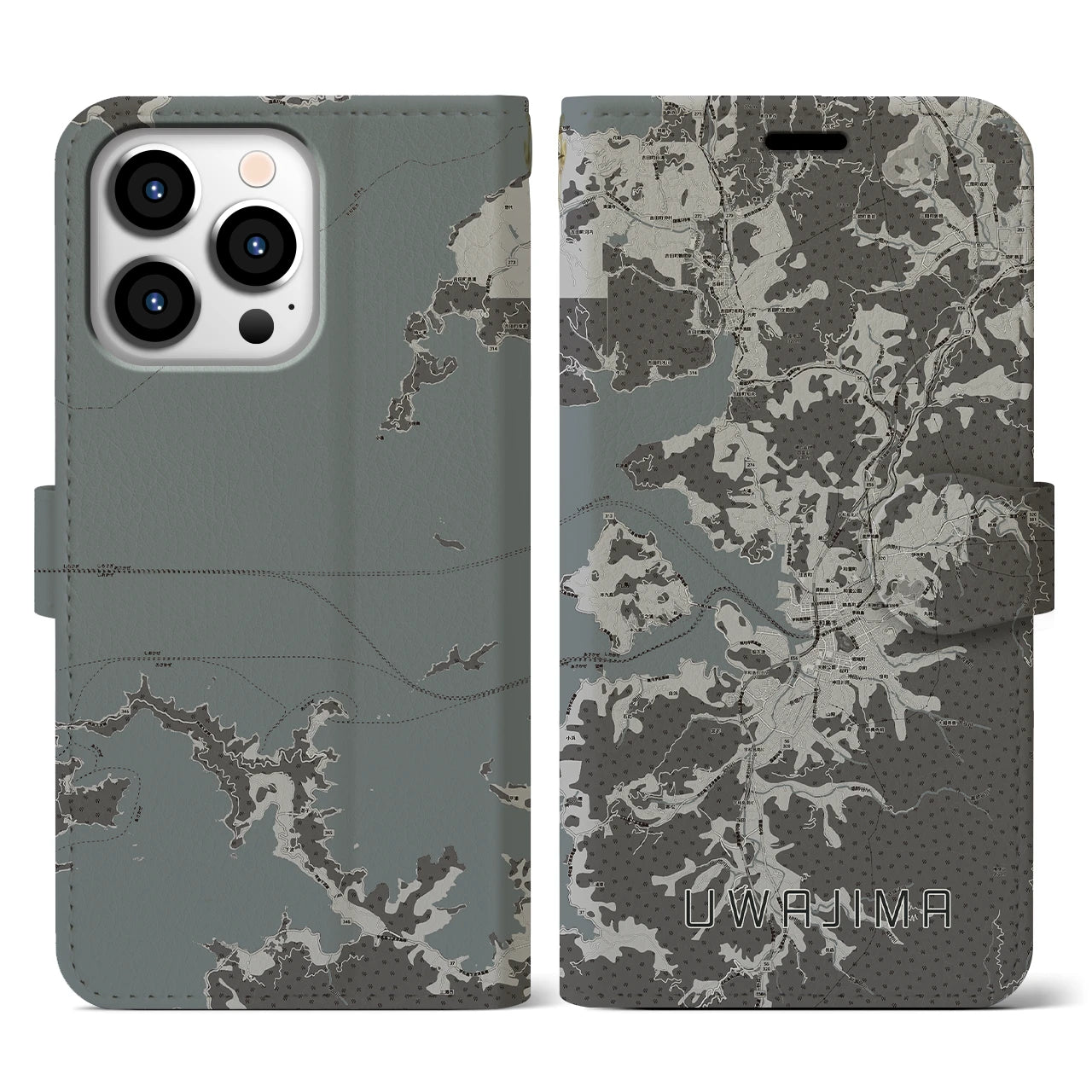 【宇和島(愛媛県)】地図柄iPhoneケース(手帳タイプ)モノトーン・iPhone 13 Pro 用