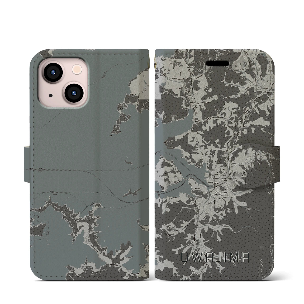 【宇和島(愛媛県)】地図柄iPhoneケース(手帳タイプ)モノトーン・iPhone 13 mini 用
