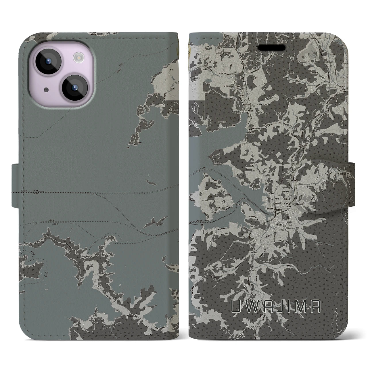 【宇和島(愛媛県)】地図柄iPhoneケース(手帳タイプ)モノトーン・iPhone 14 用