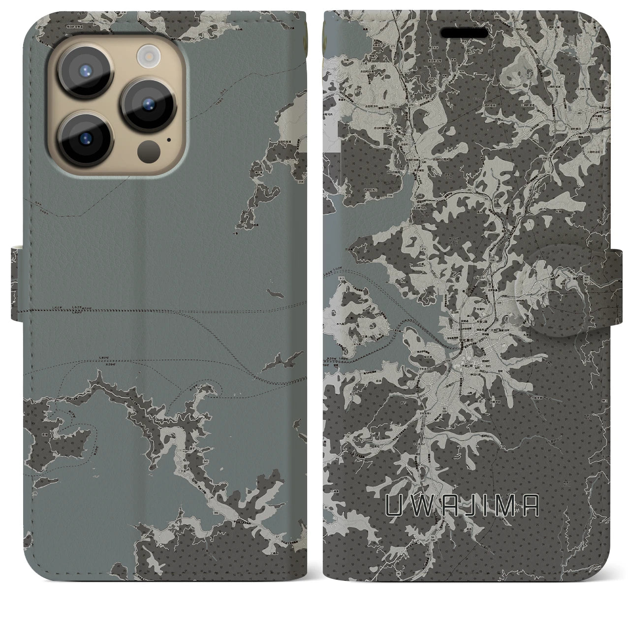 【宇和島(愛媛県)】地図柄iPhoneケース(手帳タイプ)モノトーン・iPhone 14 Pro Max 用